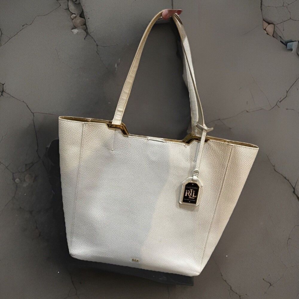 Lauren Ralph Lauren White/ Crème Medium Tote Bag Purse Gold Accents 12”x12”x4”
